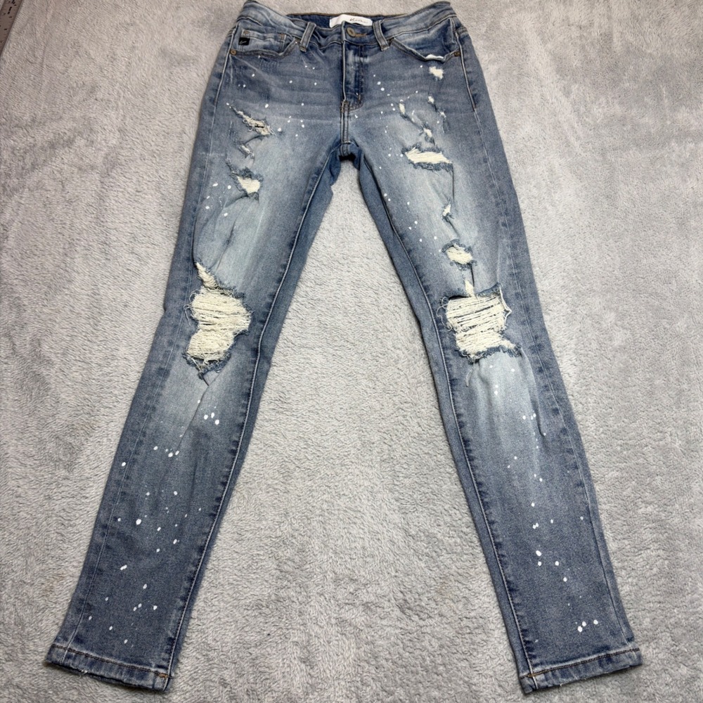 KanCan Skinny Jeans Women's 24 Blue Distressed Paint Splatter Denim KC8368L
